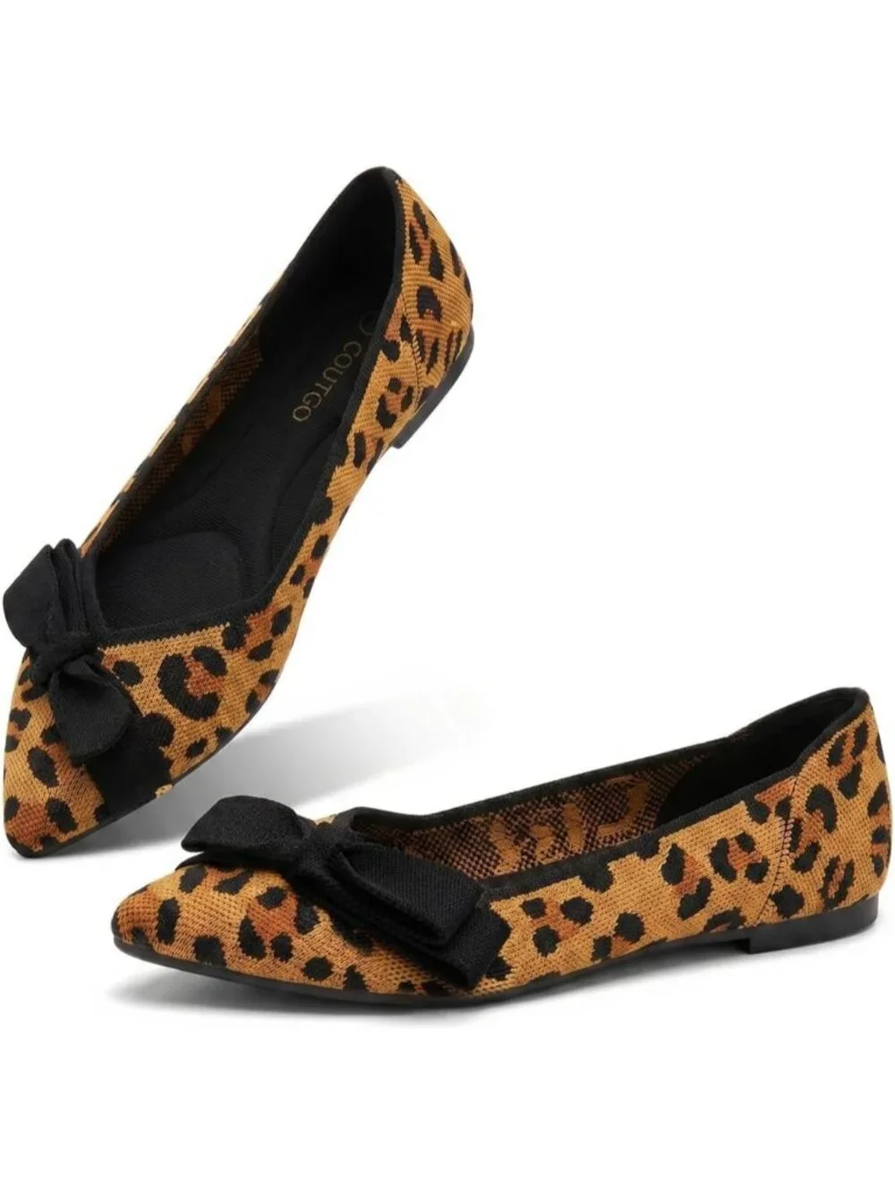Women's Leopard Pointed Toe Comfortable Dressy Knit Bow Casual Ballet Flat Shoes